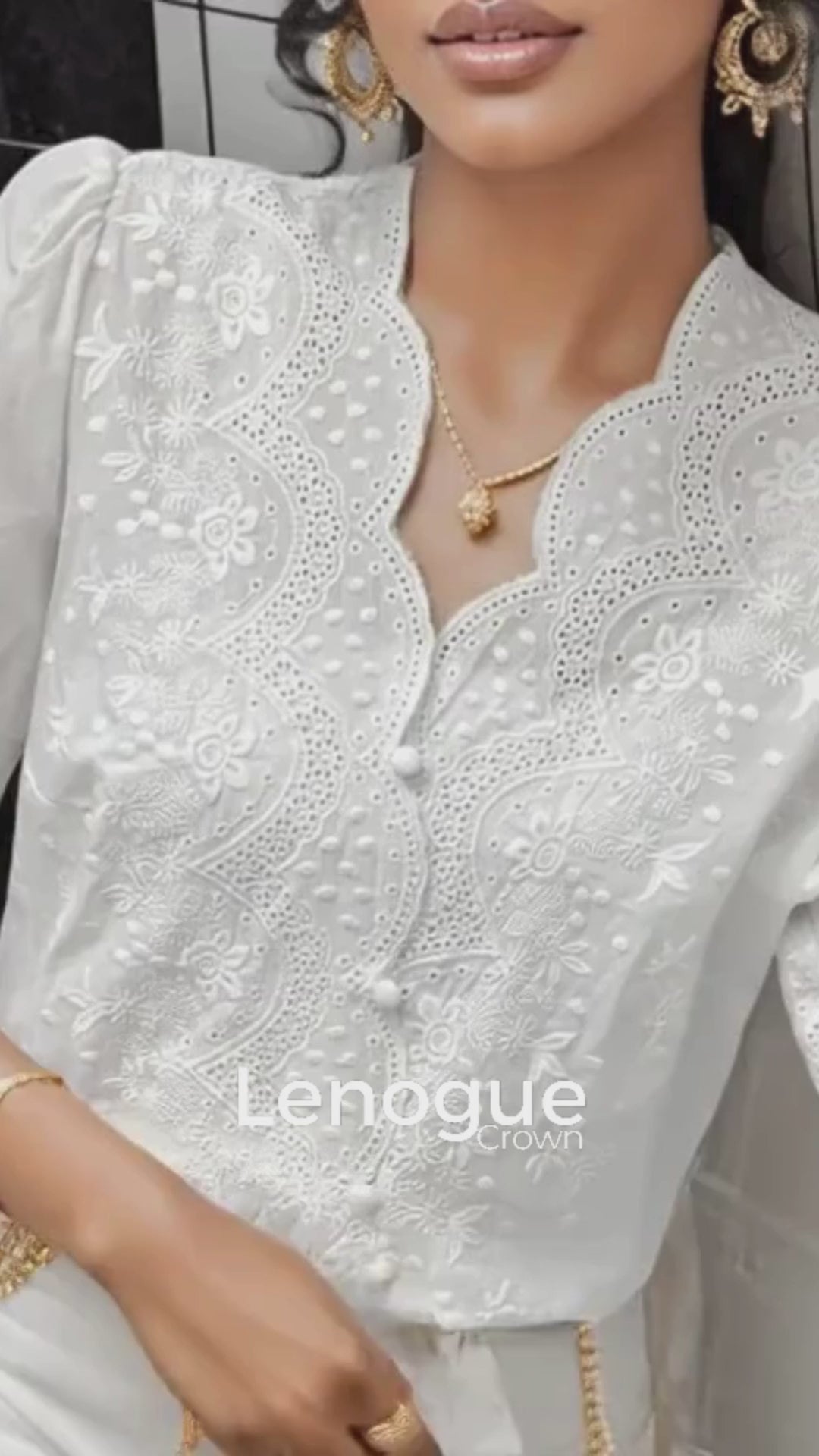 Blusa Casual em Algodão com Bordado e Manga Bufante Lenogue