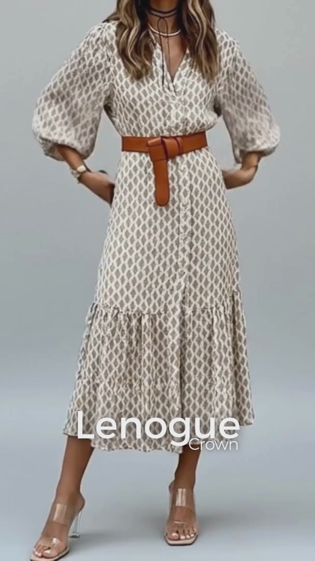 Vestido de Poliéster Evasê Manga Bufante com Cinto Lenogue