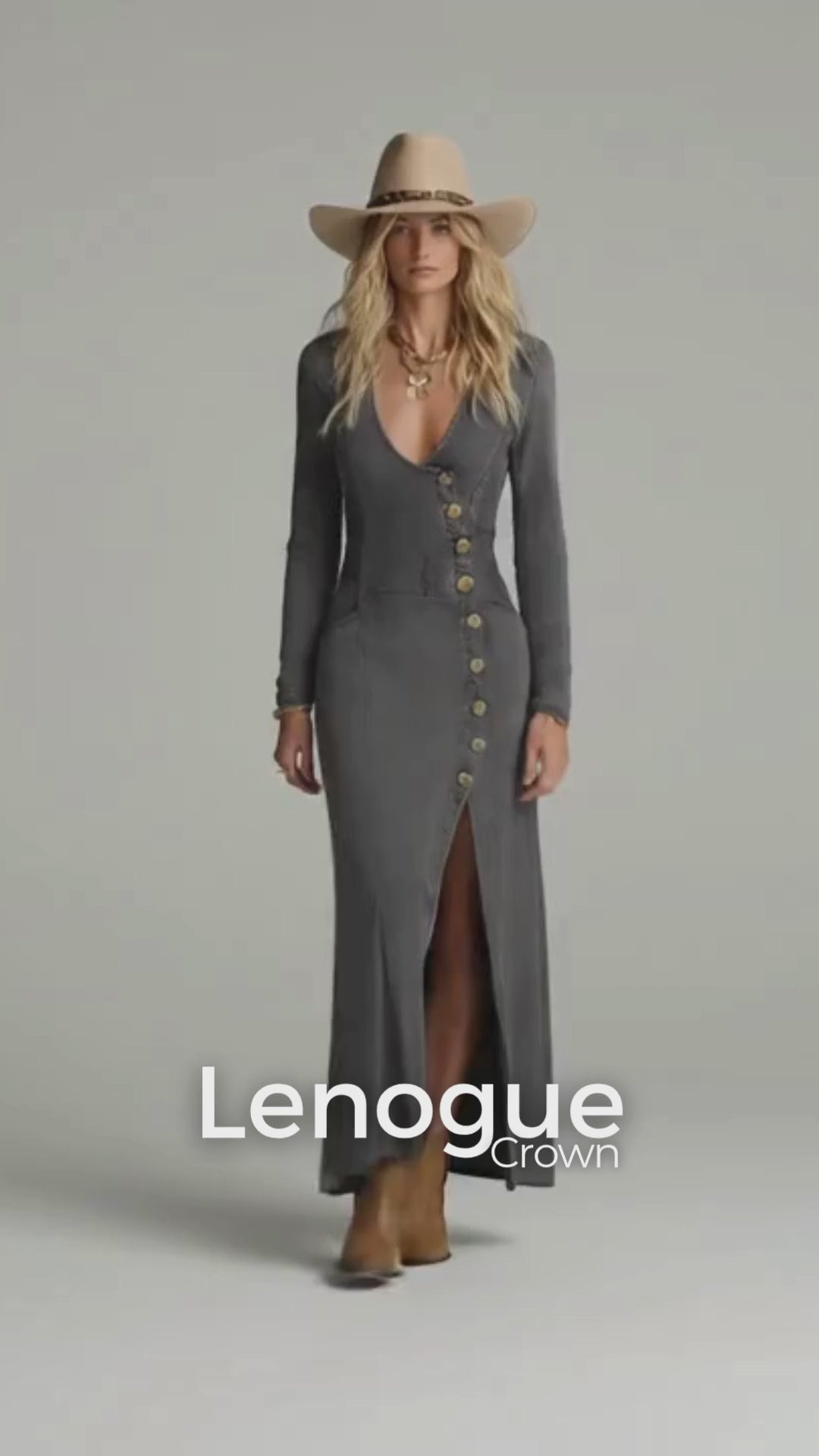 Vestido Longo Jeans Decote V com Botões e Fenda Lenogue