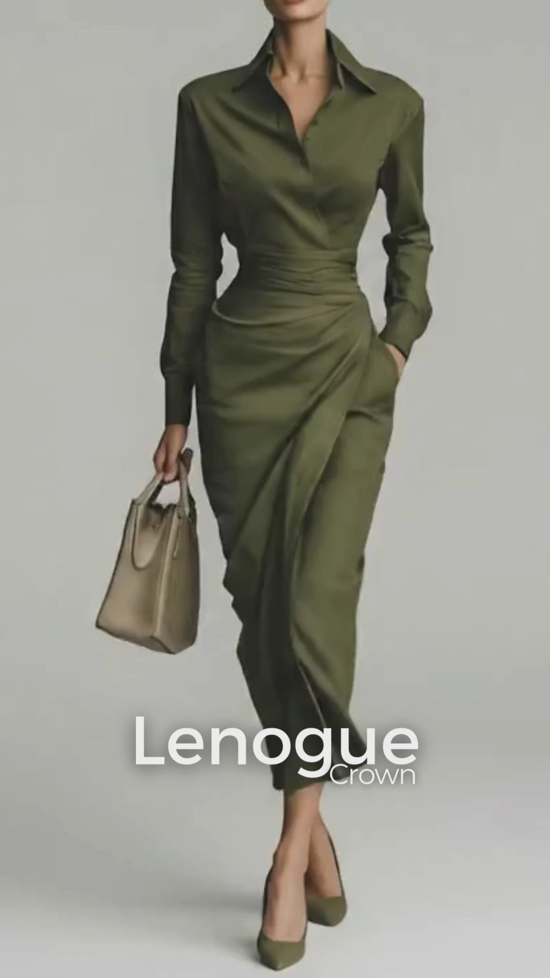 Vestido Longo de Gola Camisa com Pregas e Manga Longa Lenogue