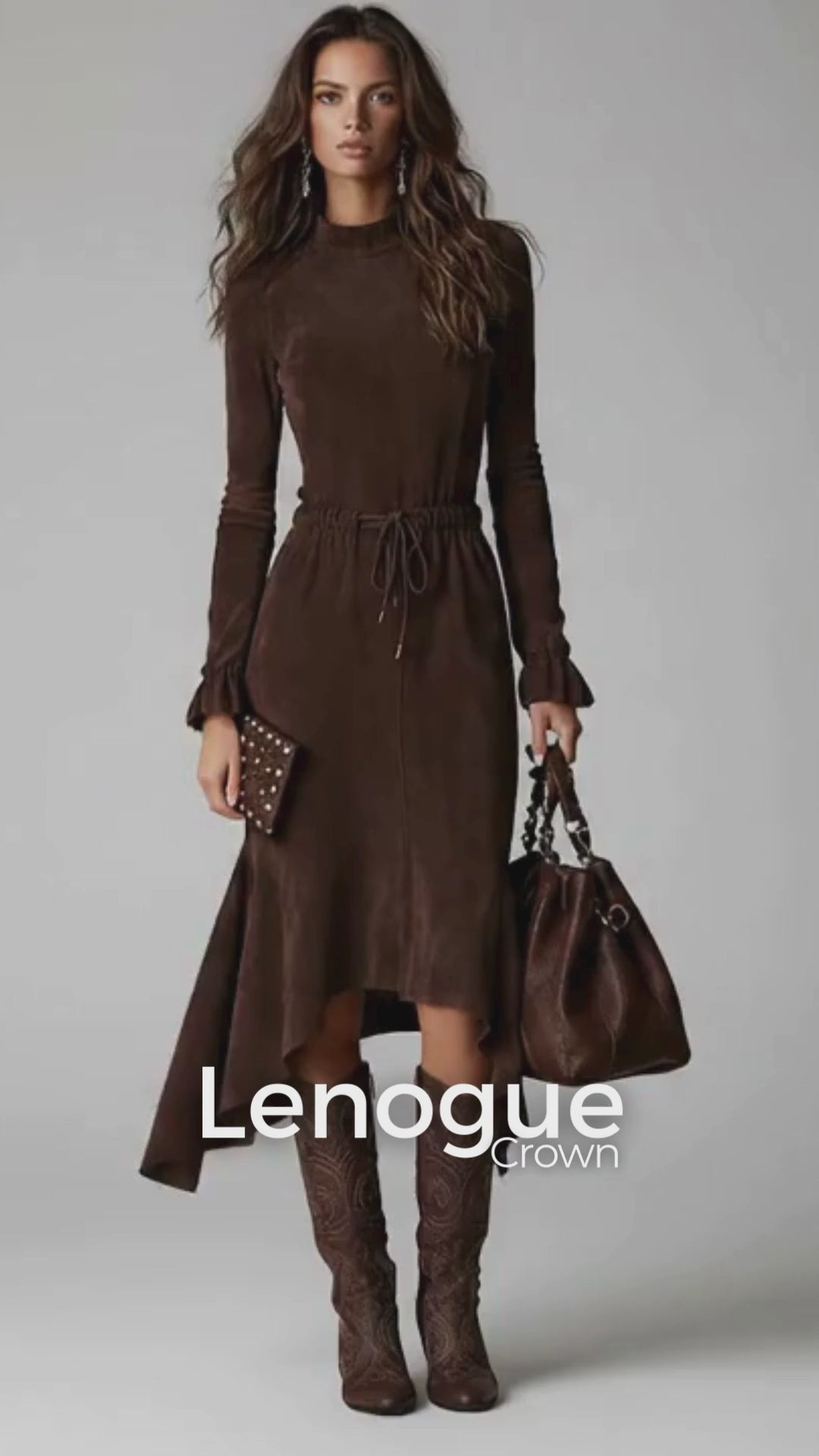 Vestido Longo Gola Redonda Cintura Ajustável com Amarração Lenogue