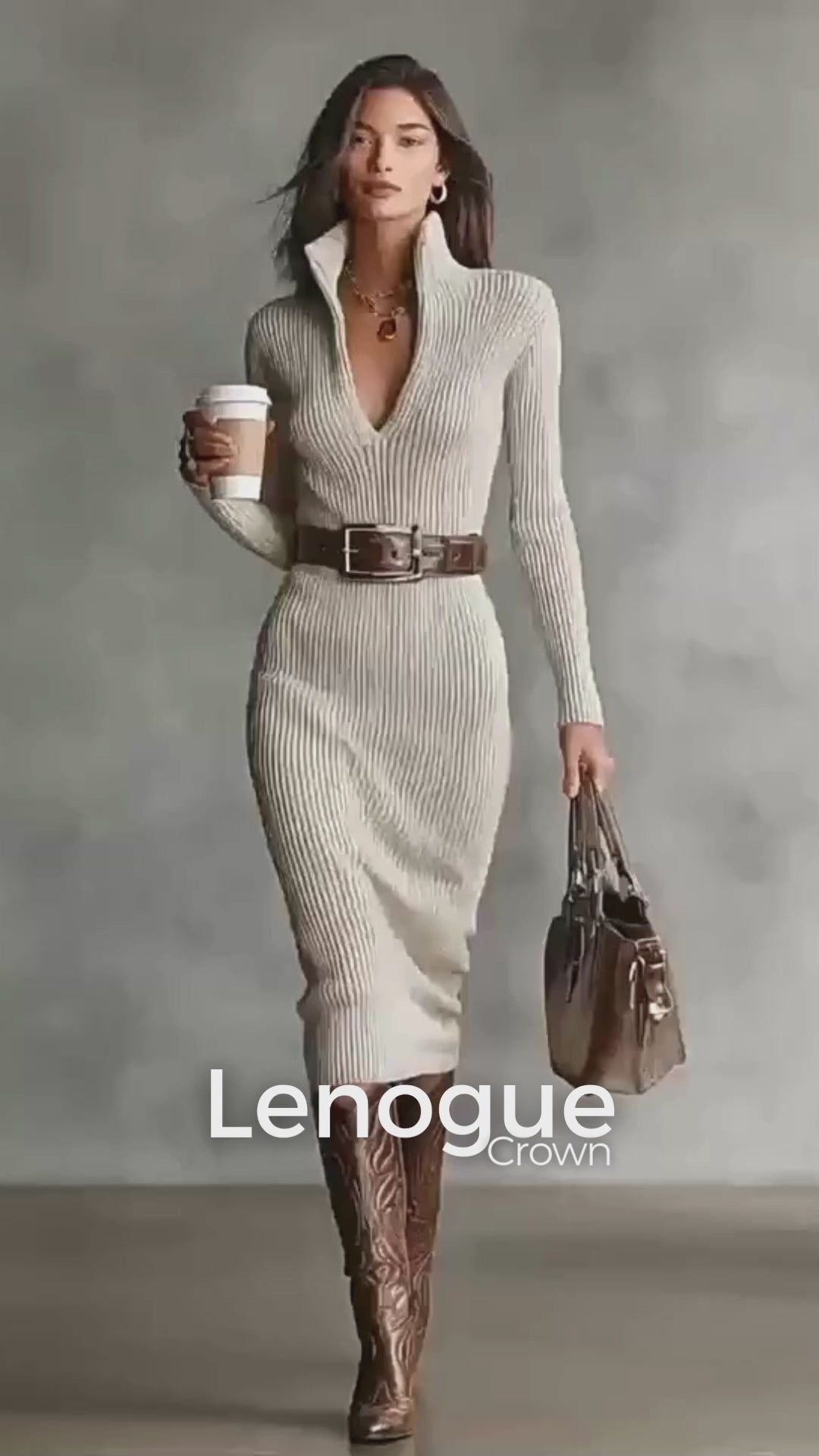 Vestido Midi Tricot Gola Alta com Cinto Ajustável Lenogue
