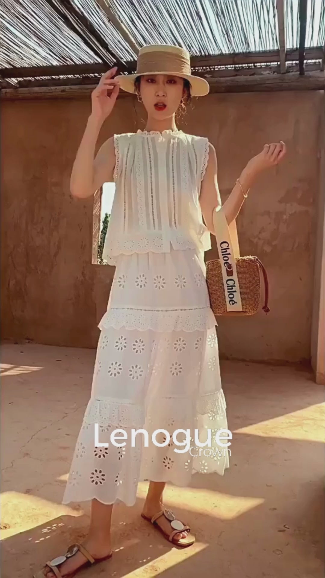 Conjunto Renda Bordada com Blusa e Saia Longa para Viagem Lenogue
