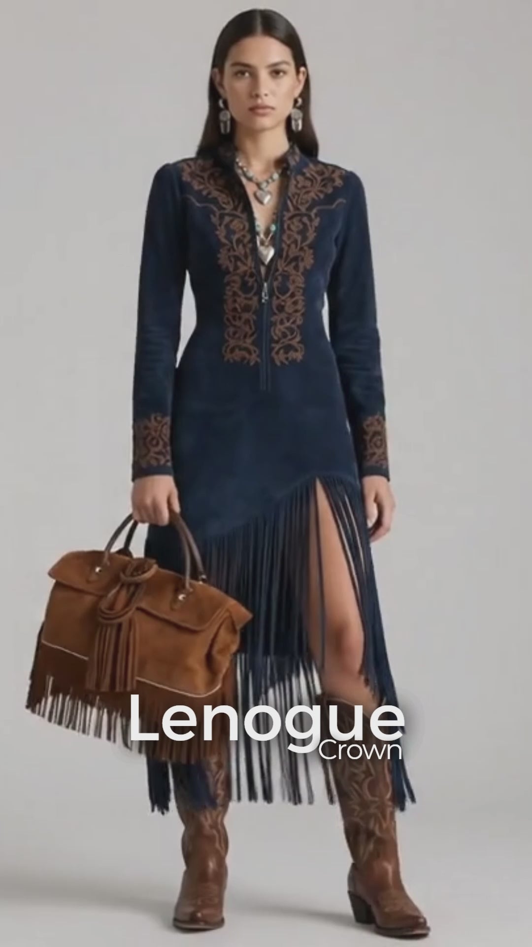 Vestido Midi com Manga Longa Decote V Floral e Fenda Élégant Lenogue