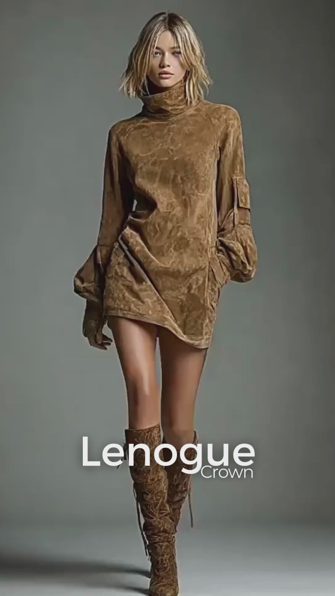 Vestido Curto Camurça Sintética Gola Alta com Bolsos Lenogue