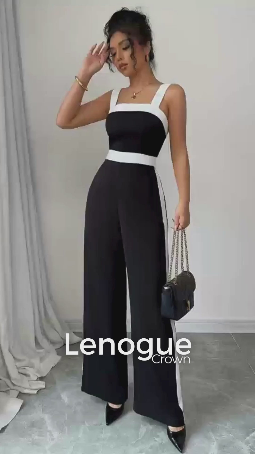 Macacão Decote Quadrado Vivo Contrastante Preto e Branco Lenogue