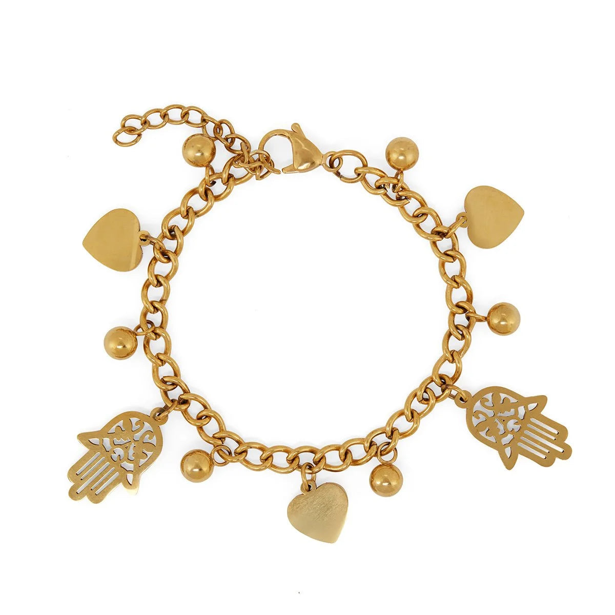 Pulseira Glamorous Elos Pingente Coração e Hamsá Banhada em Ouro 18k Lenogue 18cm