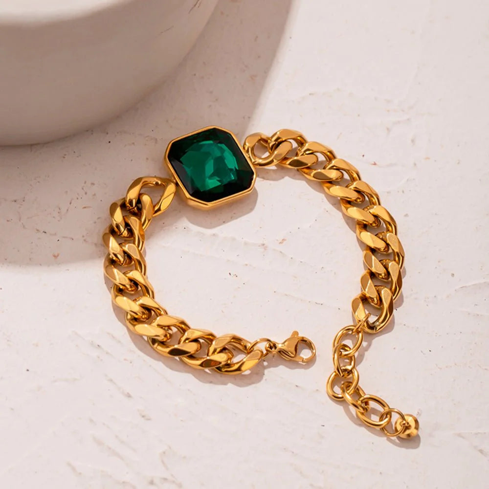 Pulseira Luxurious Rich Pedra Verde Esmeralda Banho Ouro 18k Lenogue