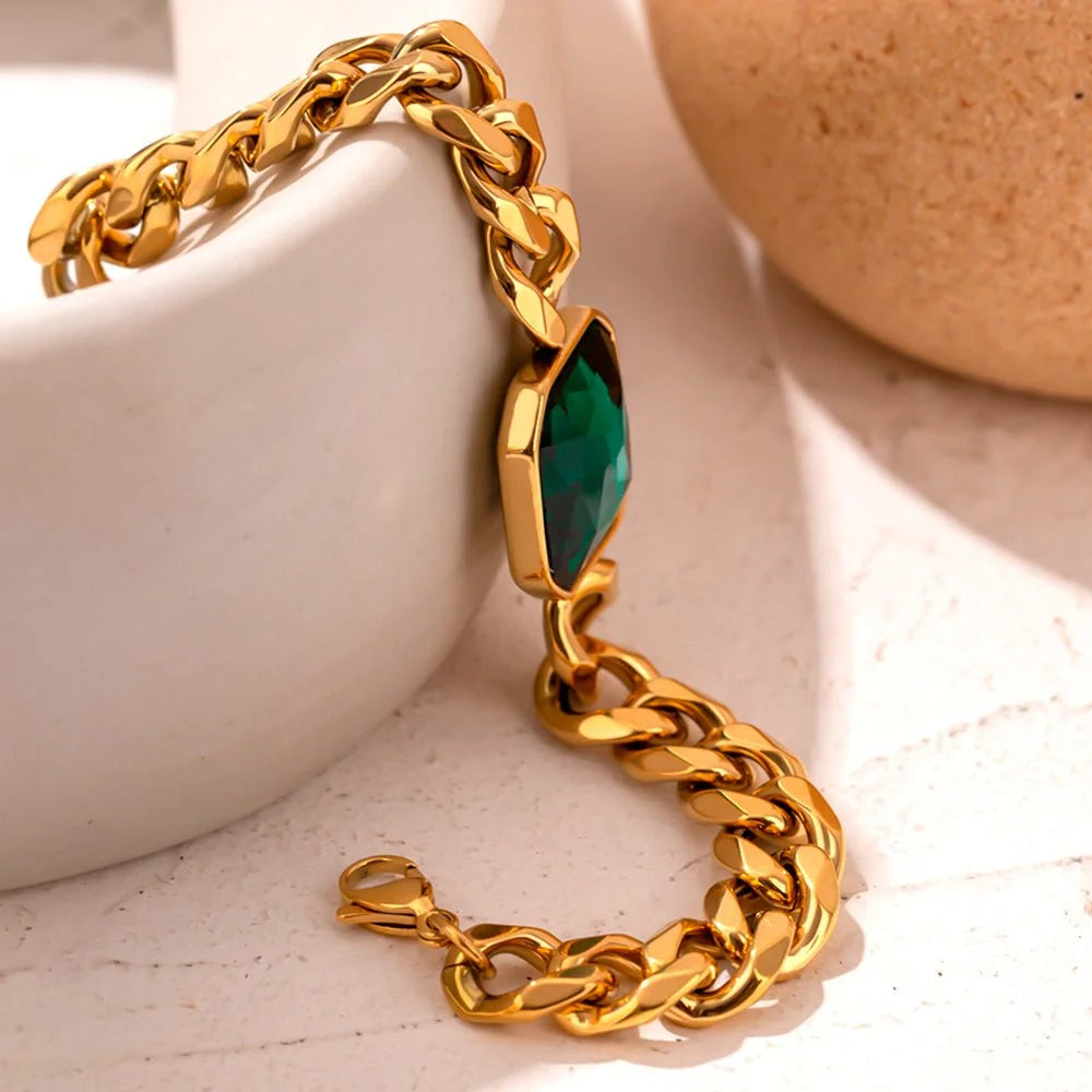 Pulseira Luxurious Rich Pedra Verde Esmeralda Banho Ouro 18k Lenogue
