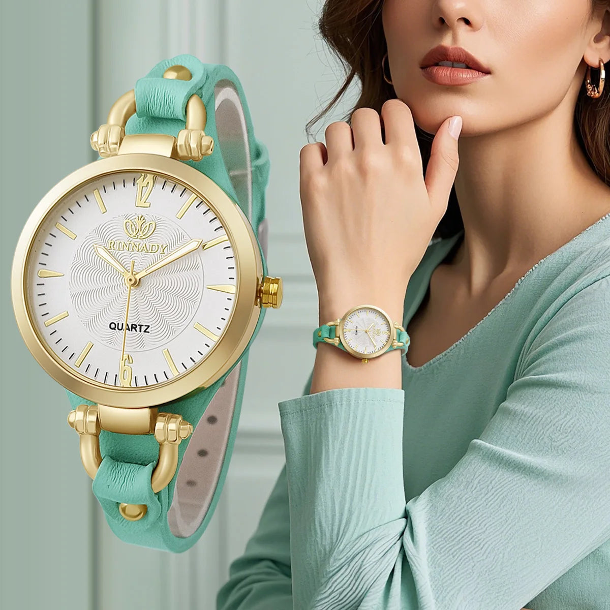 Relógio Feminino de Couro com Pulseira e Fivela Éclat Lenogue