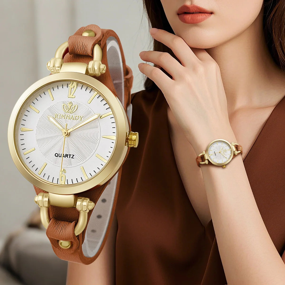 Relógio Feminino de Couro com Pulseira e Fivela Éclat Lenogue