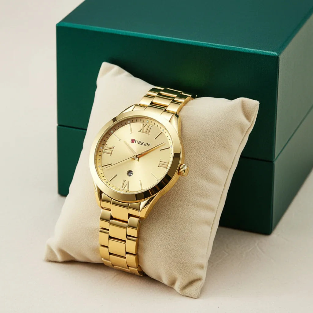 Relógio Feminino Quartzo Pulseira de Aço Inoxidável Lenogue Ouro