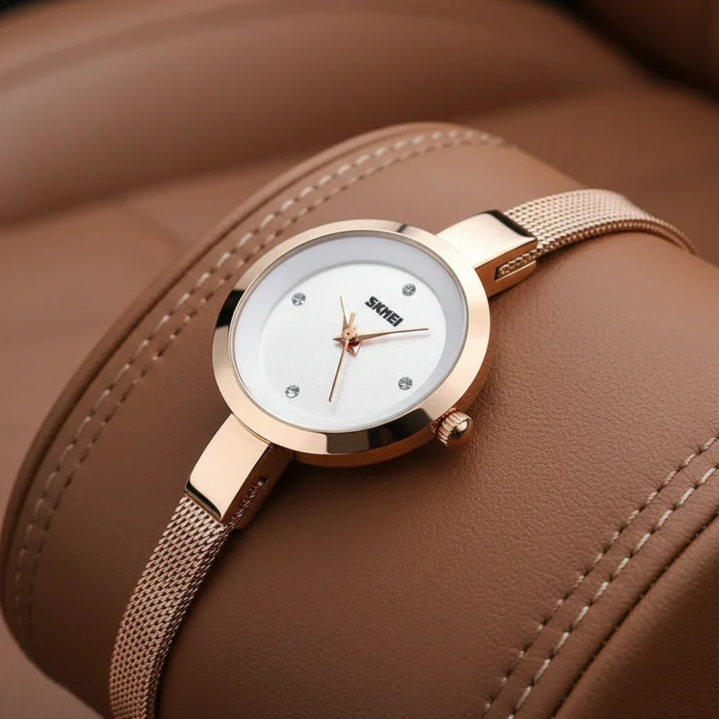 Relógio Feminino Quartzo Pulseira de Aço Inoxidável Lenogue Ouro Rosê