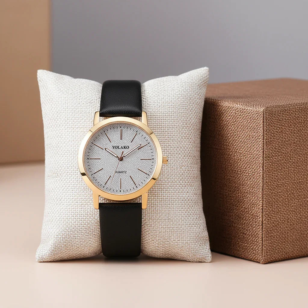 Relógio Feminino Quartzo Pulseira de Couro sem Marcadores Lenogue Preto