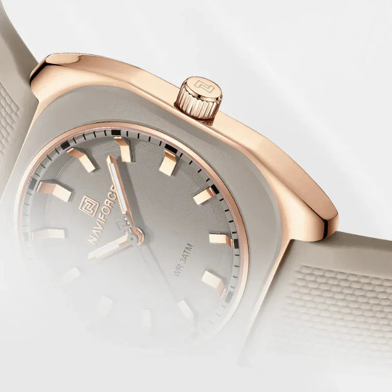 Relógio Feminino Quartzo Pulseira de Silicone e Vidro Mineral Lenogue Bege