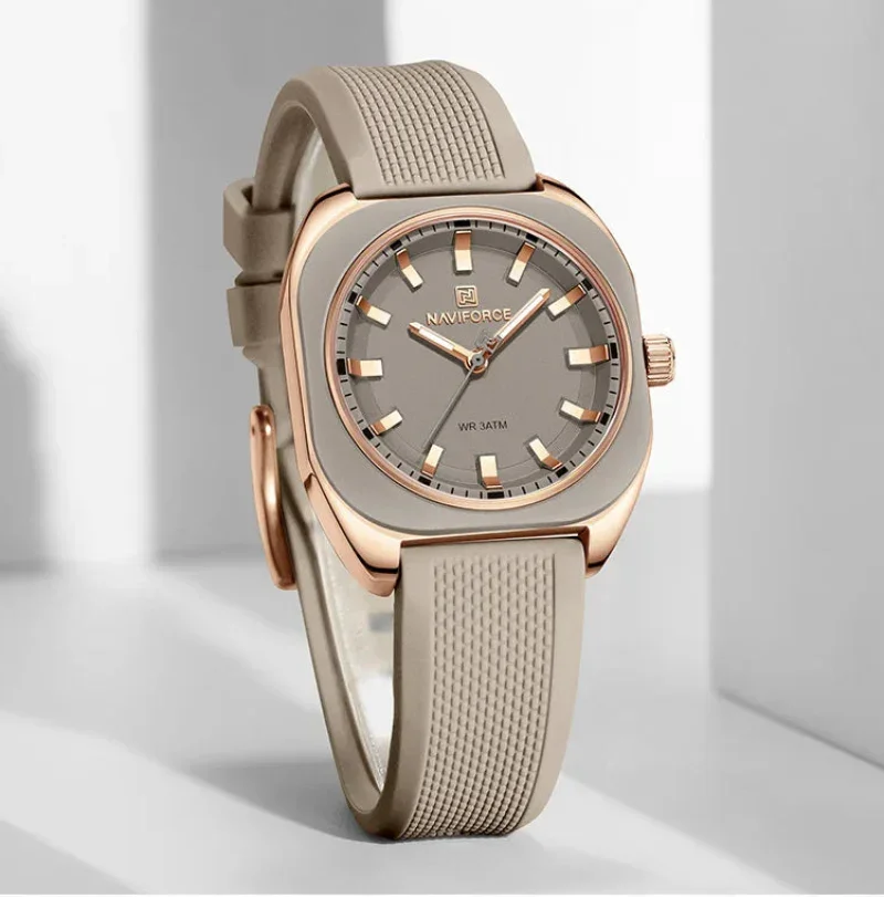 Relógio Feminino Quartzo Pulseira de Silicone e Vidro Mineral Lenogue Bege