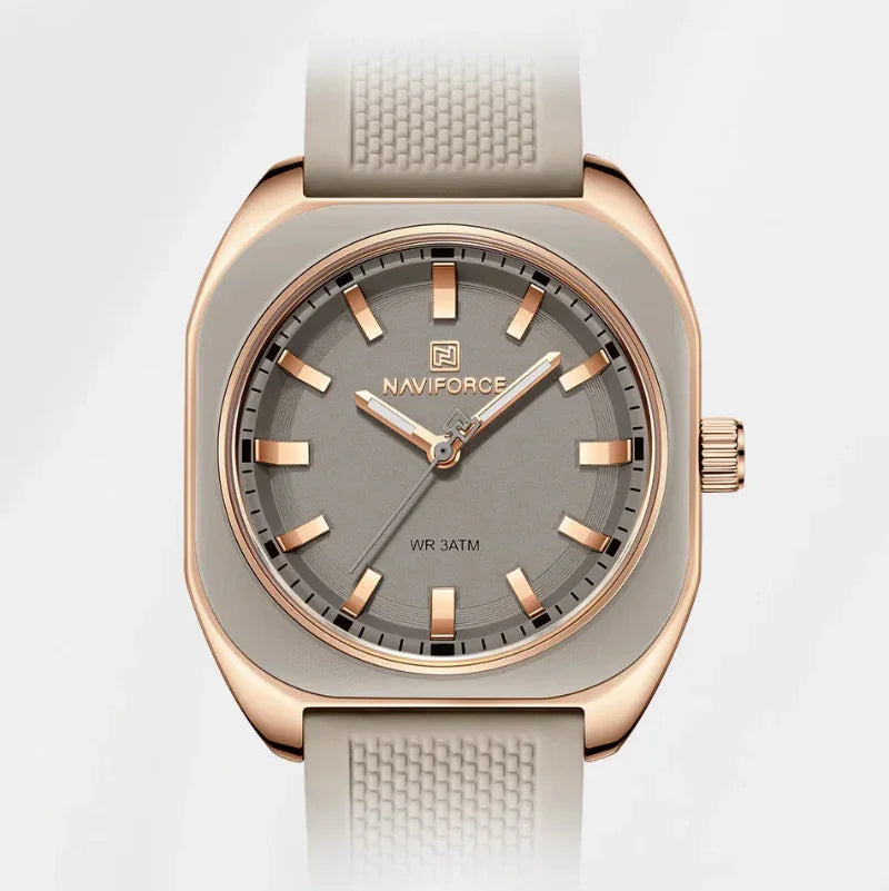 Relógio Feminino Quartzo Pulseira de Silicone e Vidro Mineral Lenogue Bege