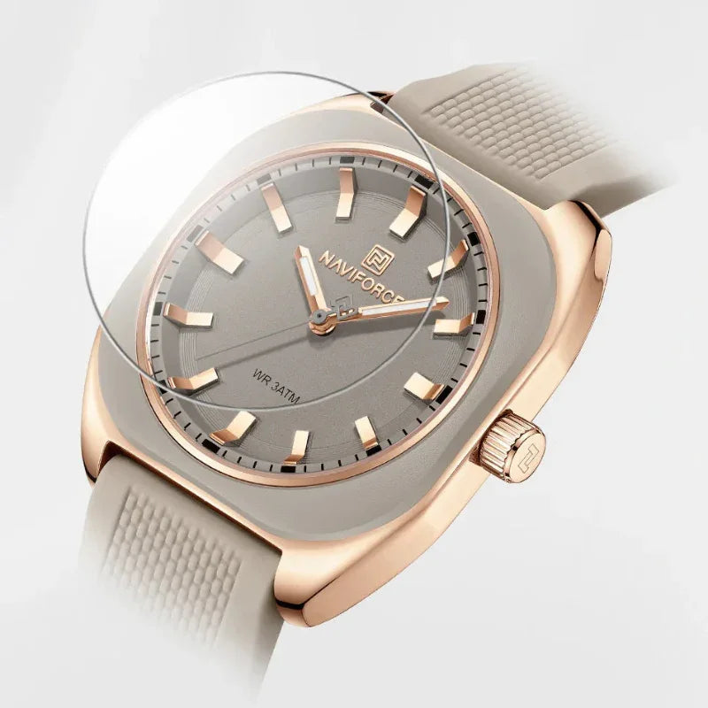 Relógio Feminino Quartzo Pulseira de Silicone e Vidro Mineral Lenogue Bege