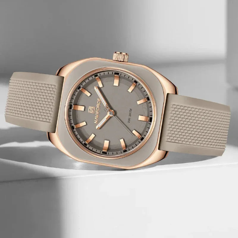 Relógio Feminino Quartzo Pulseira de Silicone e Vidro Mineral Lenogue Bege