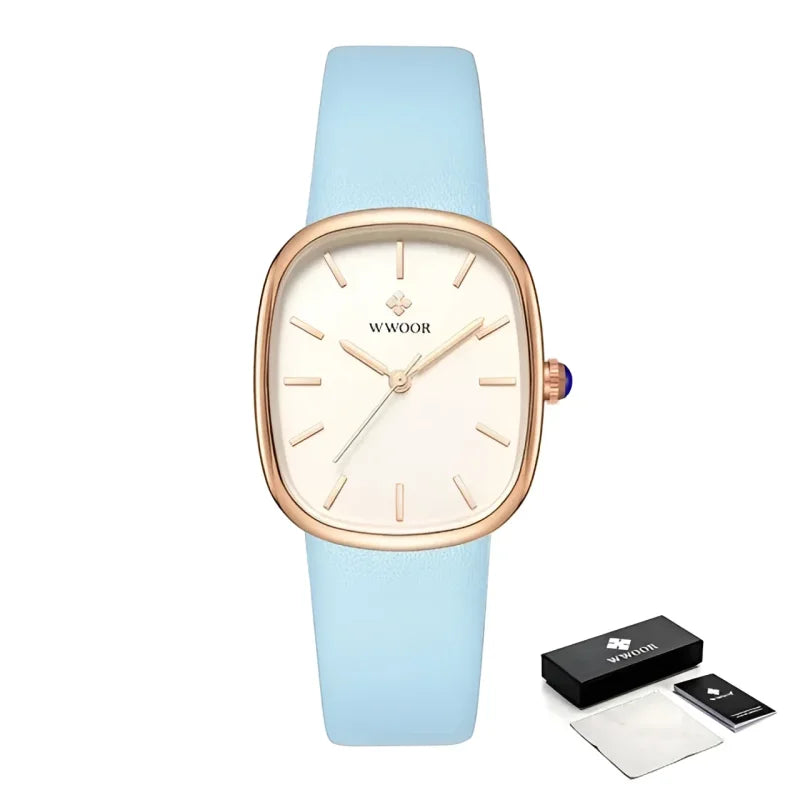 Relógio Noble Feminino Luxo Couro à Prova D’água Lenogue Azul & Ouro Rosê
