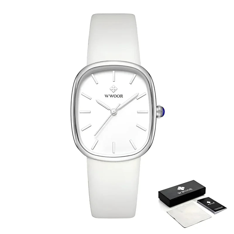 Relógio Noble Feminino Luxo Couro à Prova D’água Lenogue Branco & Prata