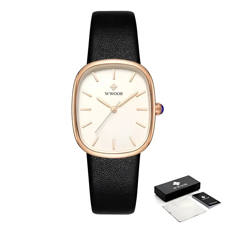 Relógio Noble Feminino Luxo Couro à Prova D’água Lenogue Preto Branco & Ouro Rosê