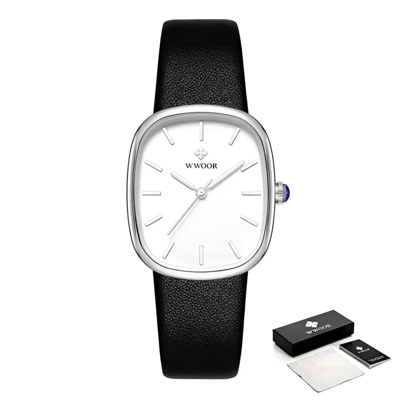 Relógio Noble Feminino Luxo Couro à Prova D’água Lenogue Preto & Prata