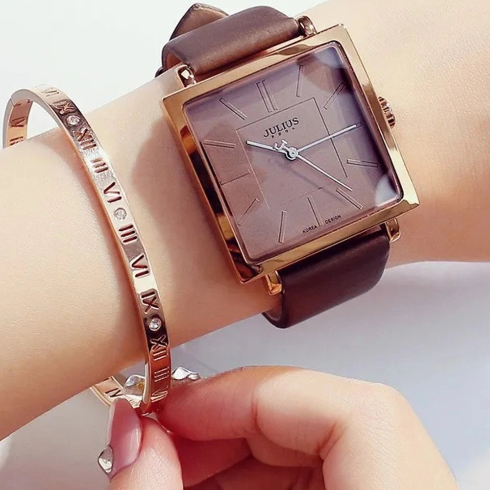 Relógio Quadrado de Couro com Pulseira Ajustável Élégant Lenogue