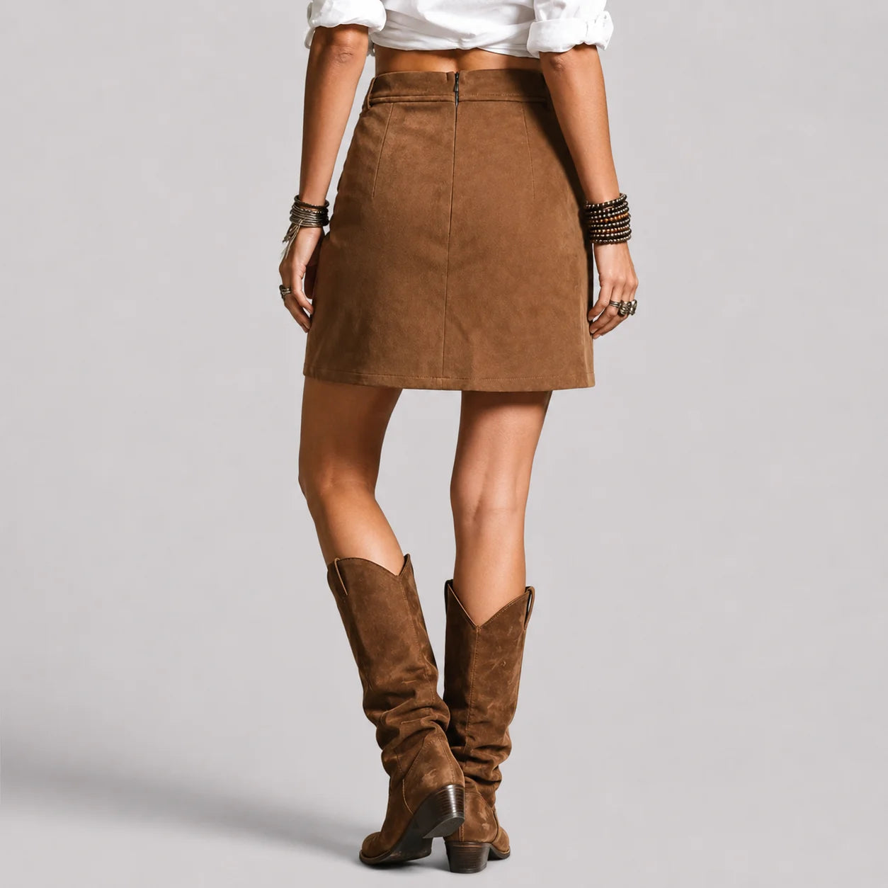 Saia Curta de Suede com Franjas Marrom Vintage Chic Lenogue