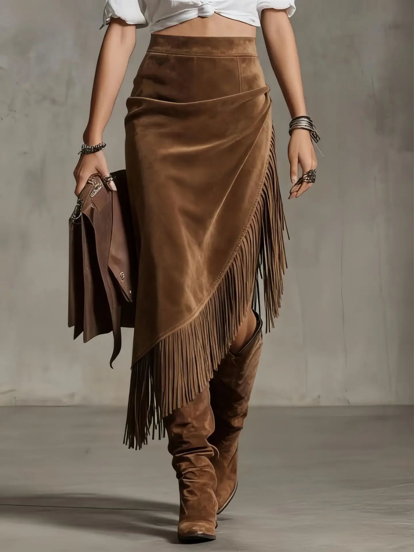 Saia Midi Camurça Sintética Cintura Alta com Franjas Lenogue