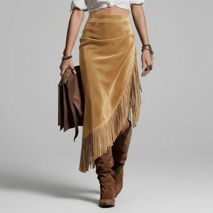 Saia Midi Camurça Sintética Cintura Alta com Franjas Lenogue Caramelo / p