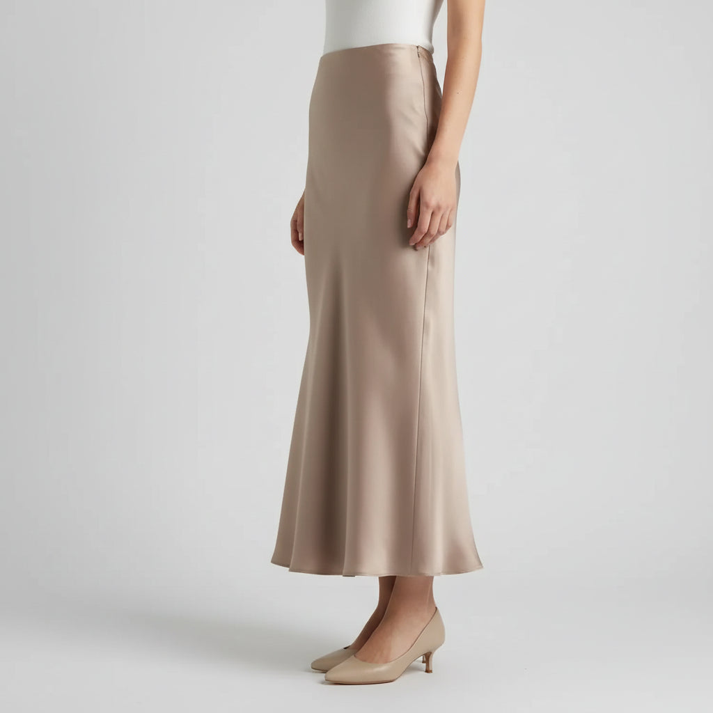 Saia Midi de Cetim com Cintura Alta para Escritório Lenogue Caqui / Pp