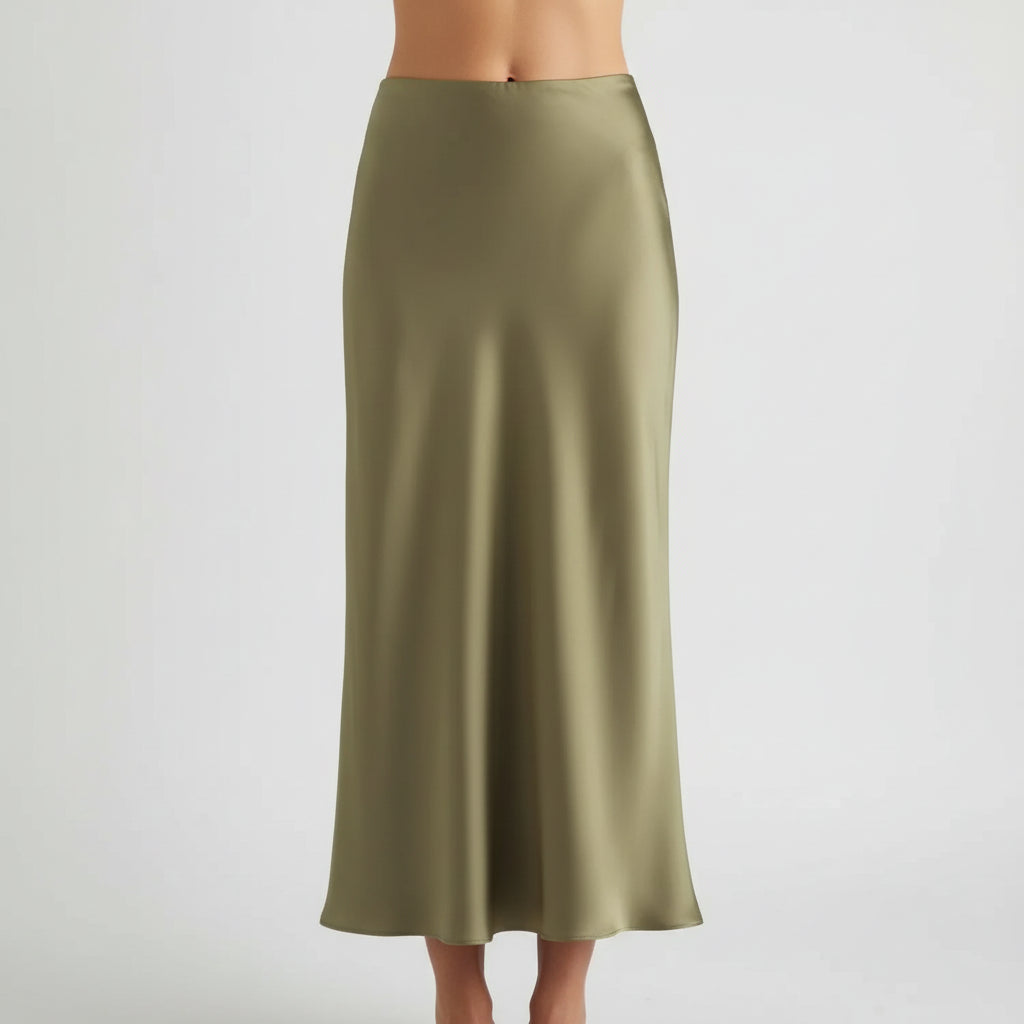 Saia Midi de Cetim com Cintura Alta para Escritório Lenogue Verde / Pp