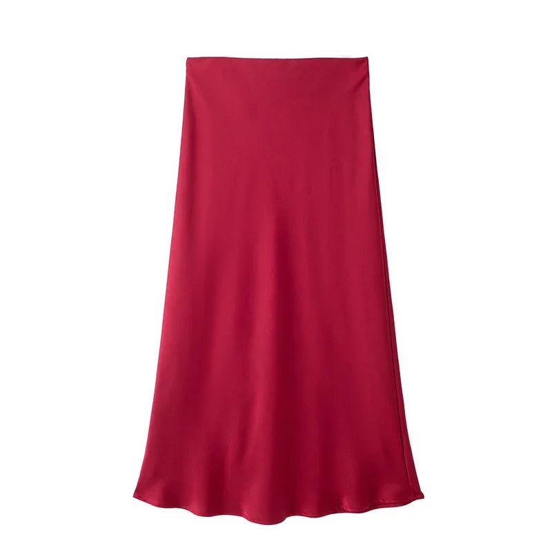 Saia Midi de Cetim com Cintura Alta para Escritório Lenogue Vermelho / Pp