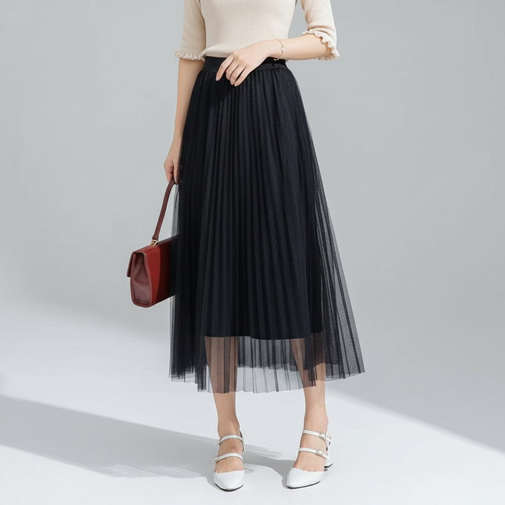 Saia Midi Plissada em Tule com Cintura Alta Lenogue Preto / único (85 Cm)