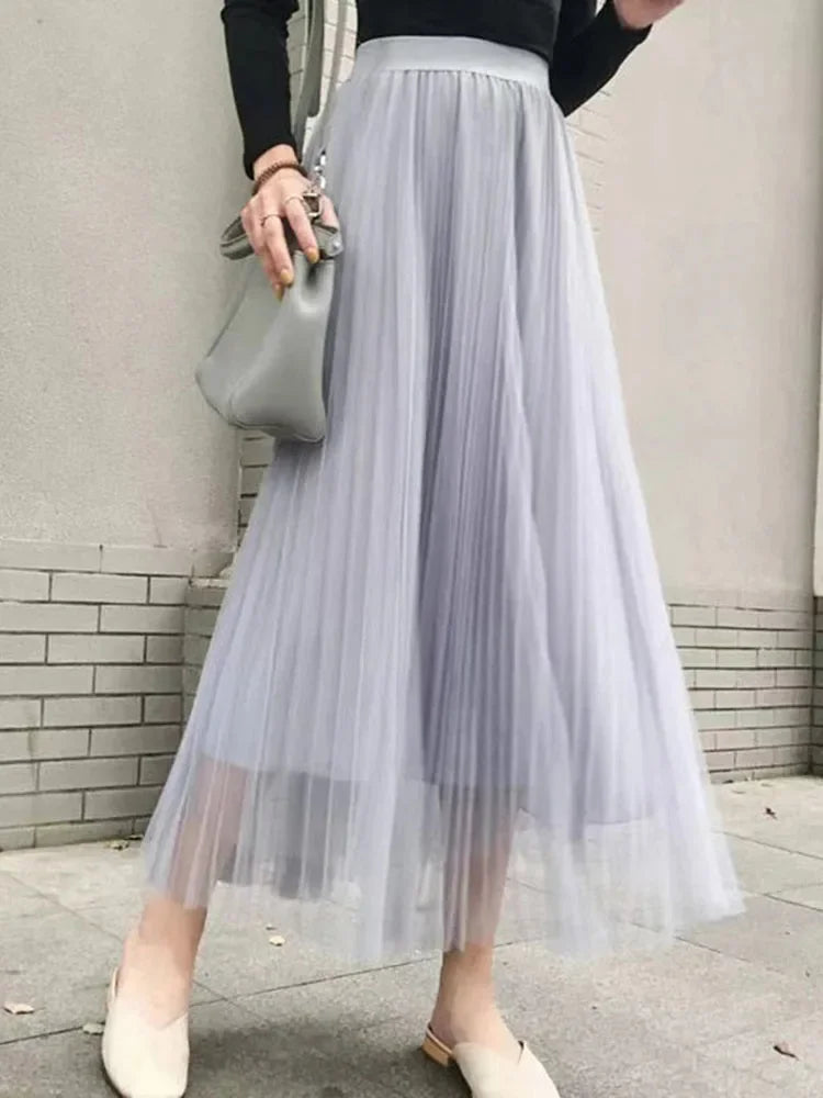 Saia Midi Plissada em Tule com Cintura Alta Lenogue