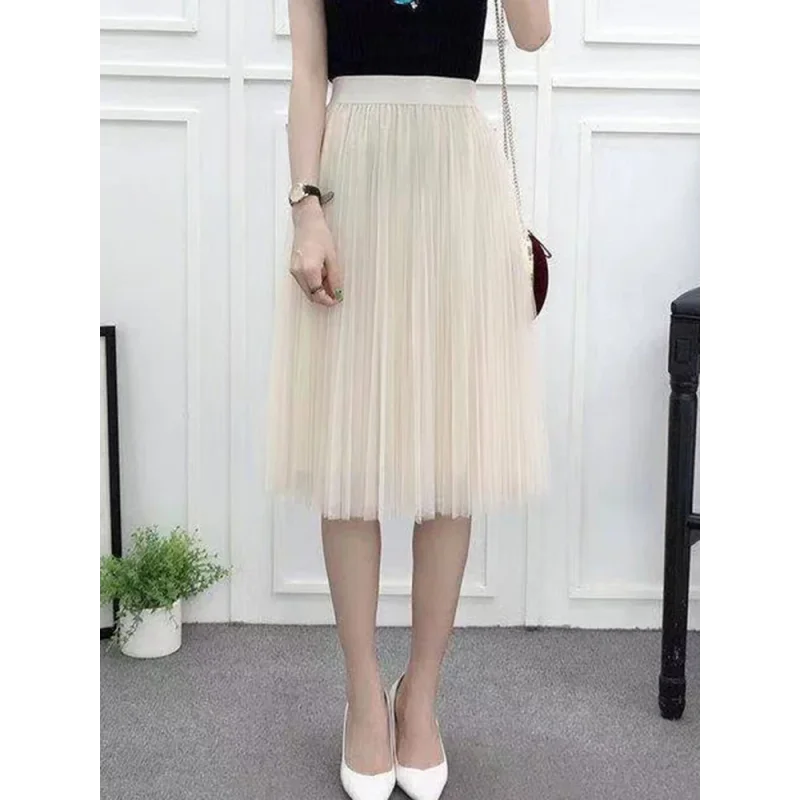 Saia Midi Plissada em Tule com Cintura Alta Lenogue Bege / único (85 Cm)