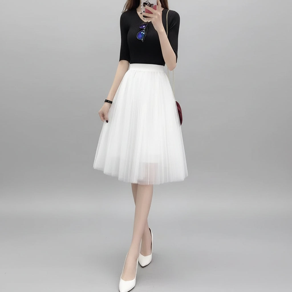 Saia Midi Plissada em Tule com Cintura Alta Lenogue Branco / único (85 Cm)