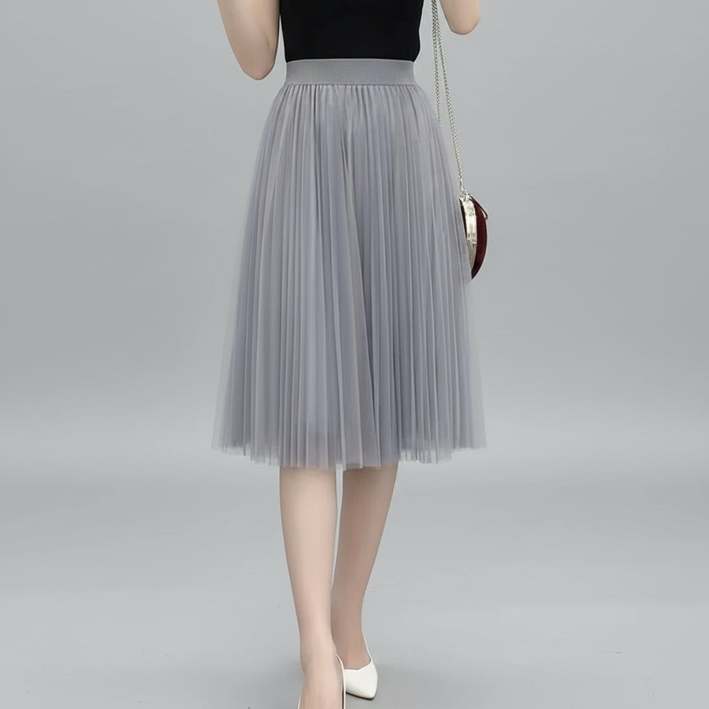 Saia Midi Plissada em Tule com Cintura Alta Lenogue Cinza / único (85 Cm)