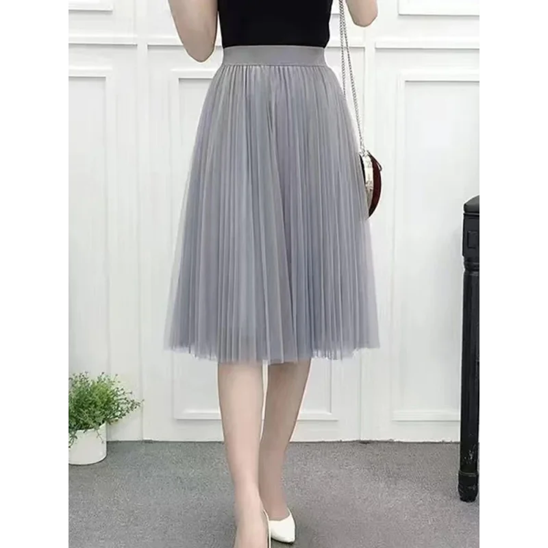 Saia Midi Plissada em Tule com Cintura Alta Lenogue Cinza / único (85 Cm)