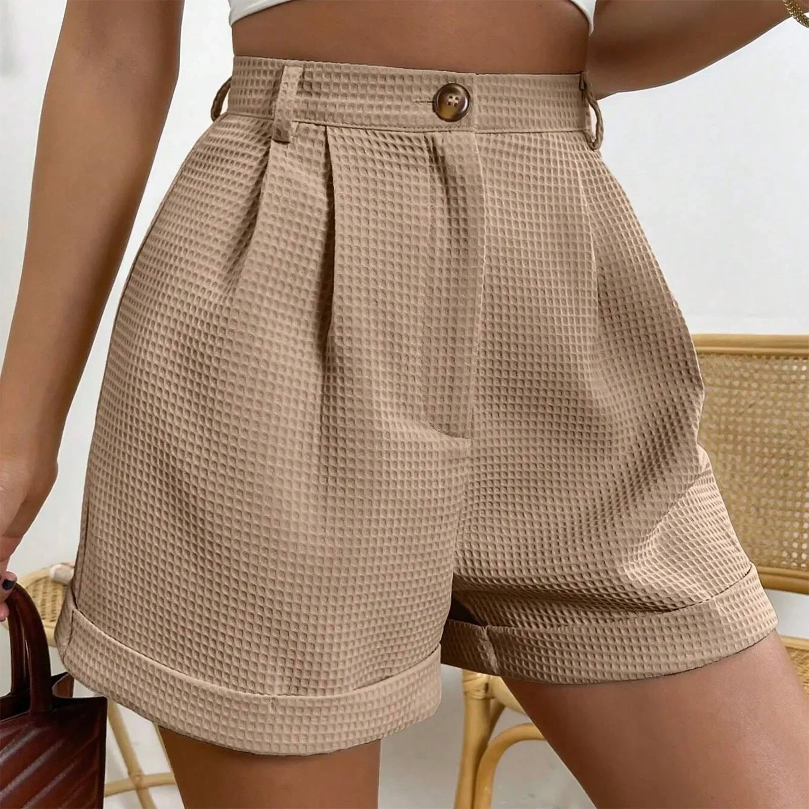 Shorts Xadrez com Bolsos e Cintura Média élégant Lenogue