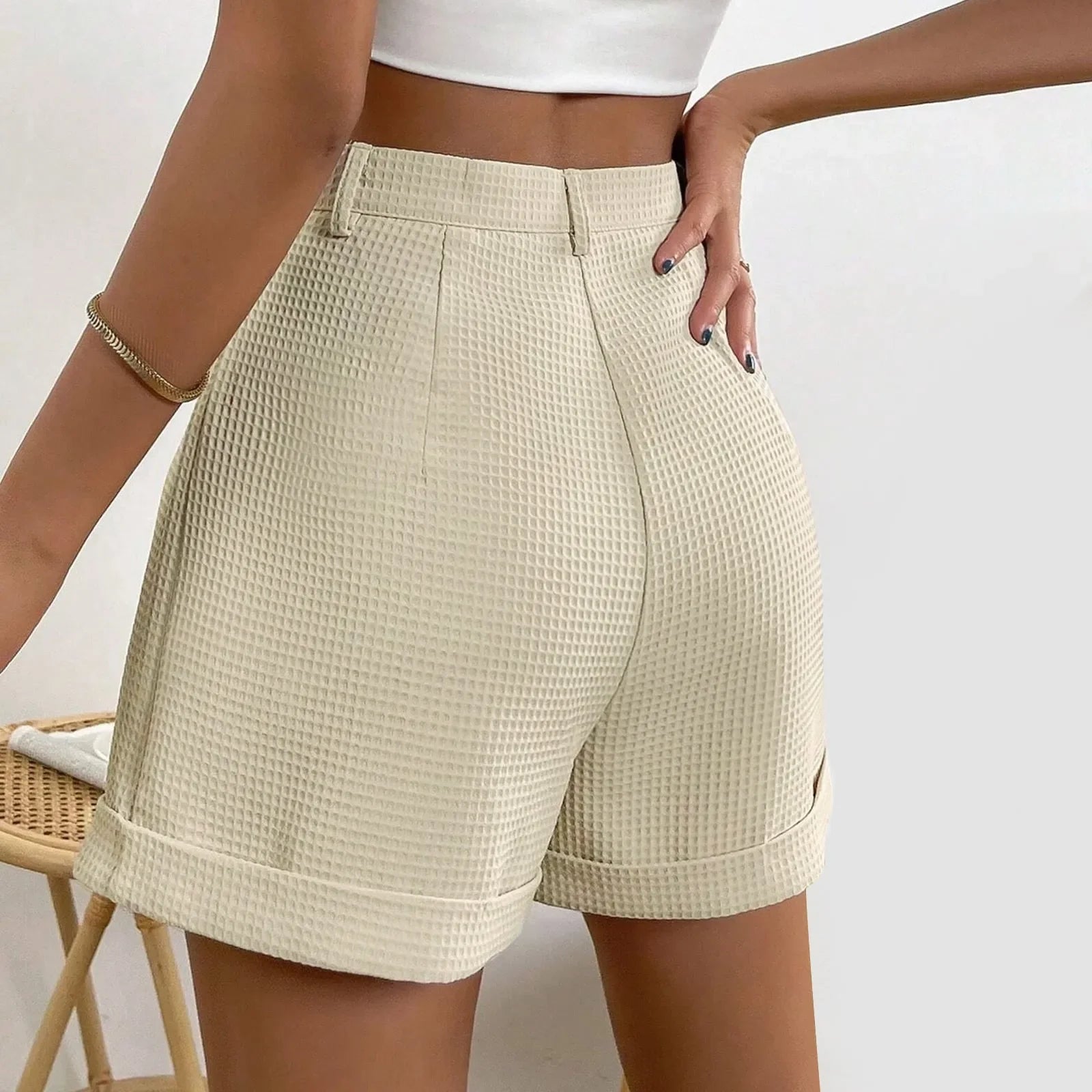 Shorts Xadrez com Bolsos e Cintura Média élégant Lenogue