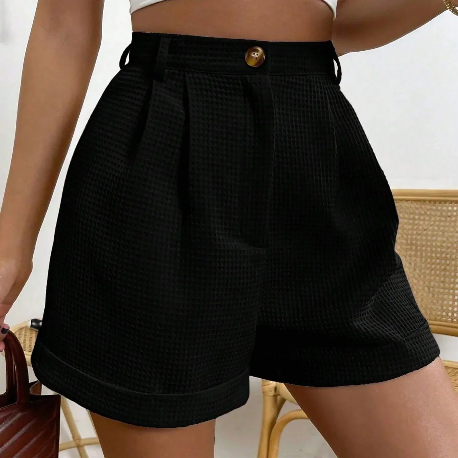 Shorts Xadrez com Bolsos e Cintura Média élégant Lenogue