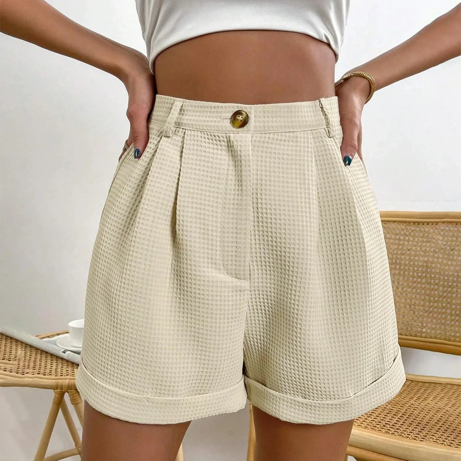 Shorts Xadrez com Bolsos e Cintura Média élégant Lenogue Bege / p