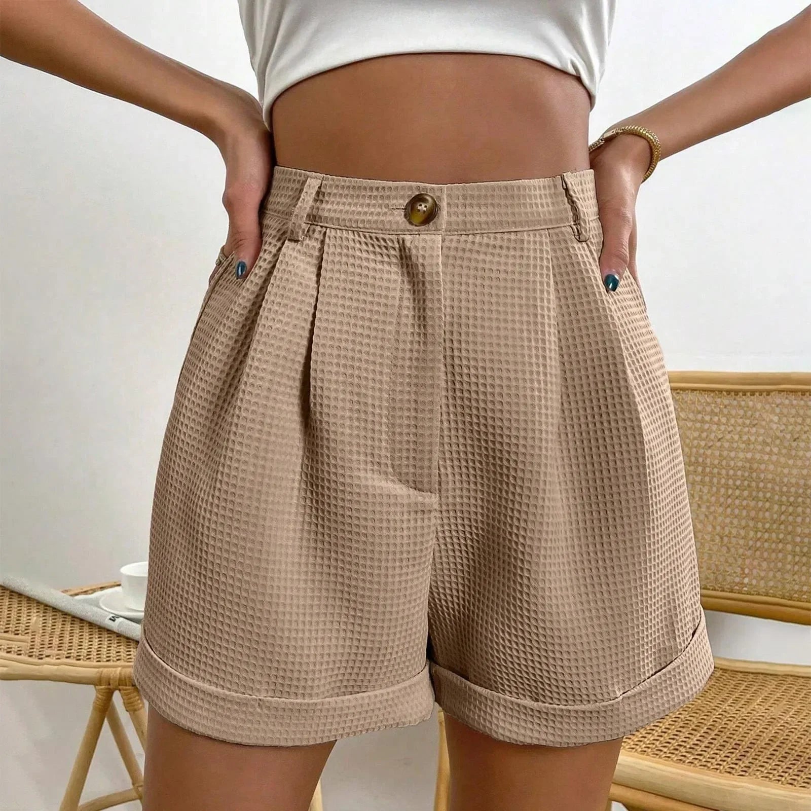 Shorts Xadrez com Bolsos e Cintura Média élégant Lenogue Marrom / p