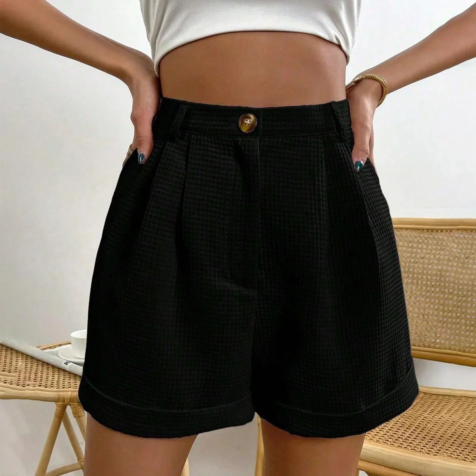 Shorts Xadrez com Bolsos e Cintura Média élégant Lenogue Preto / p