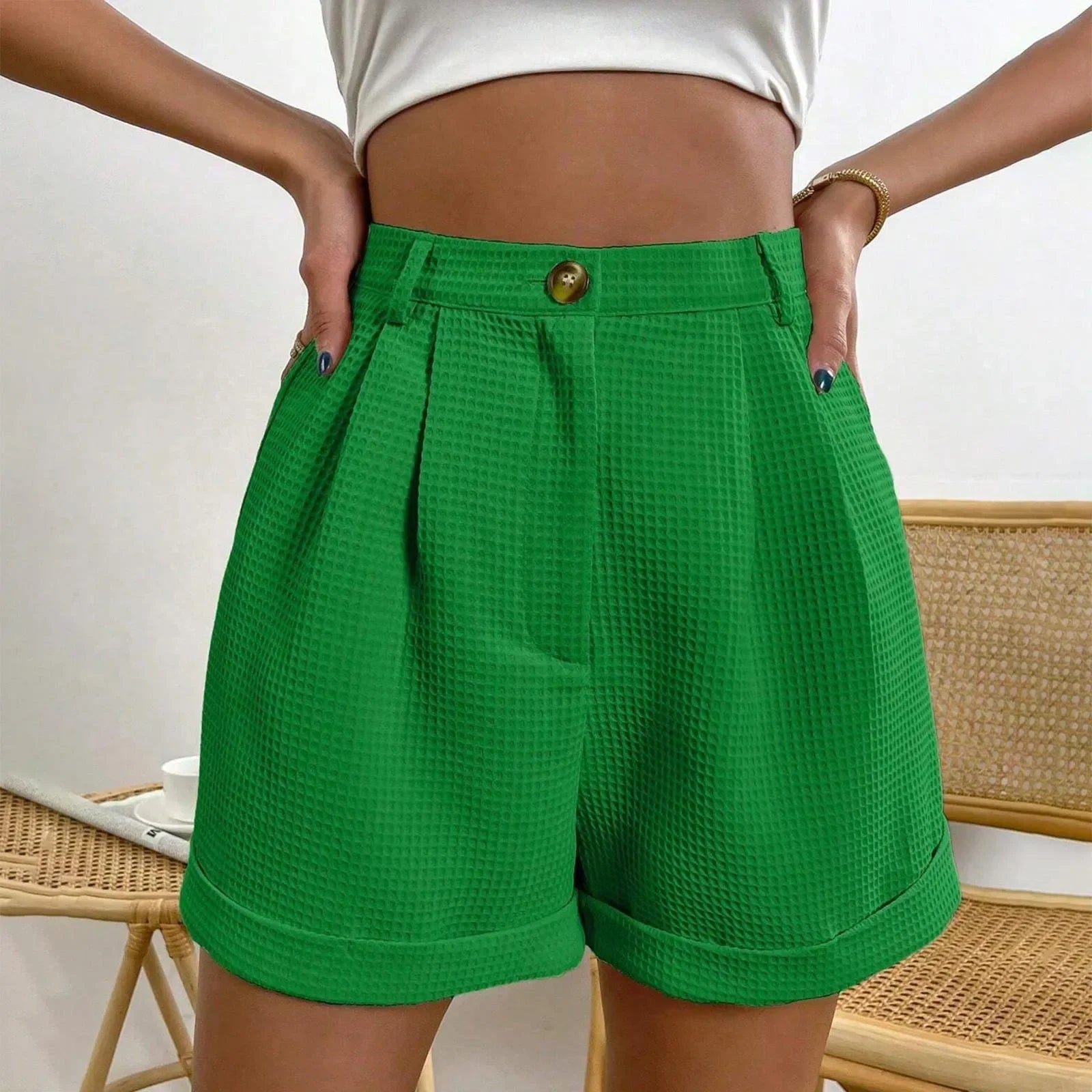 Shorts Xadrez com Bolsos e Cintura Média élégant Lenogue Verde / p