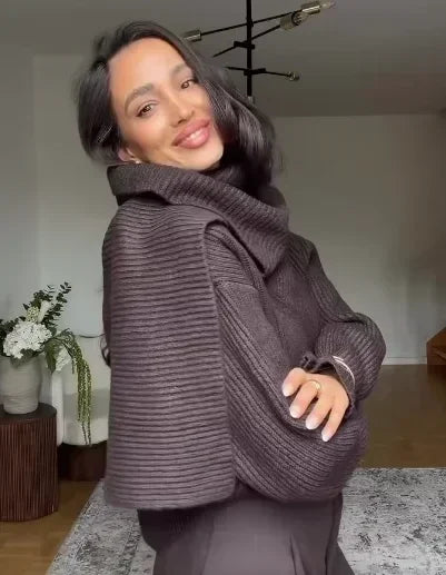 Suéter de Tricot Gola Cachecol com Manga Longa Solto Couture Lenogue