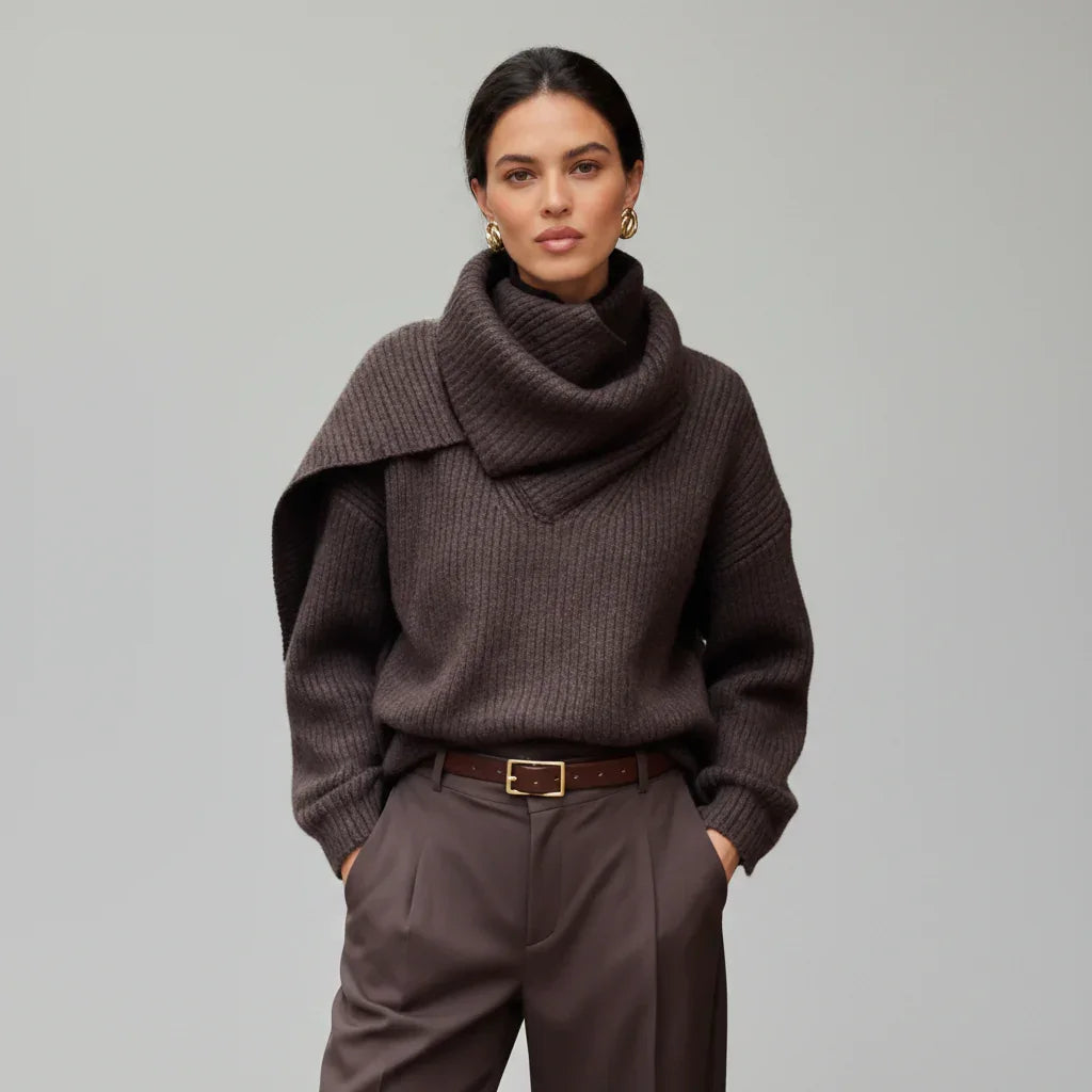 Suéter de Tricot Gola Cachecol com Manga Longa Solto Couture Lenogue Marrom / p