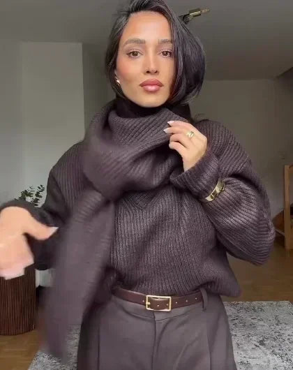 Suéter de Tricot Gola Cachecol com Manga Longa Solto Couture Lenogue